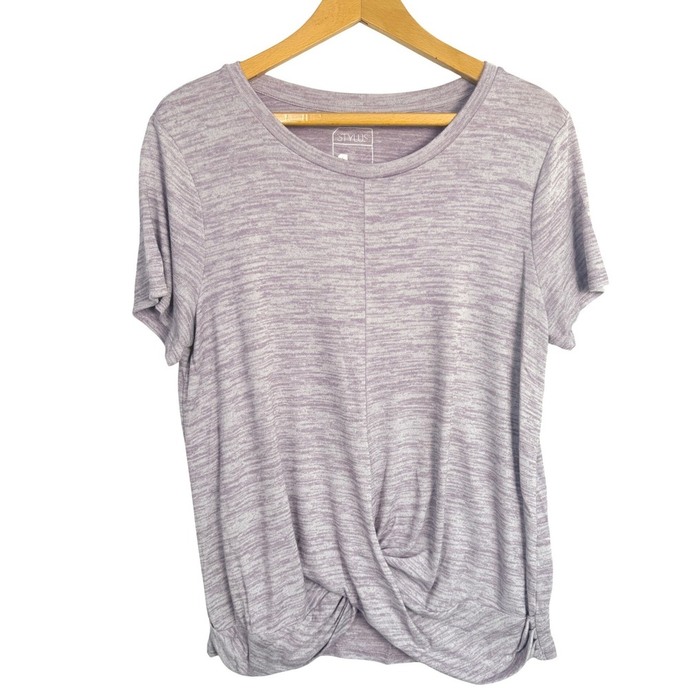 Stylus Purple Space Dye Twist Front Short Sleeve Knit Top Large